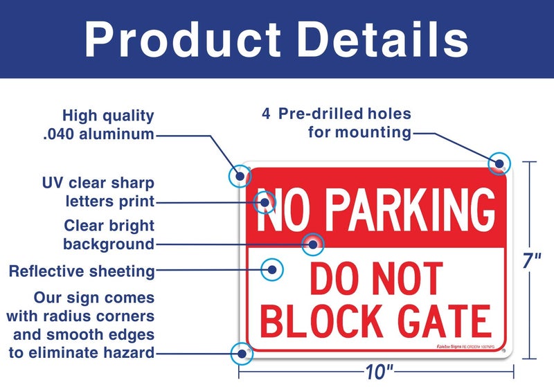 Faittoo (2 pack) Faittoo No Parking Do Not Block Gate Sign, 10 x 7 Inches rectangle, .040 Rust Free Aluminum, UV Protected and Waterproof, Weather Resistant, Durable Ink, Easy to Mount - Image 2